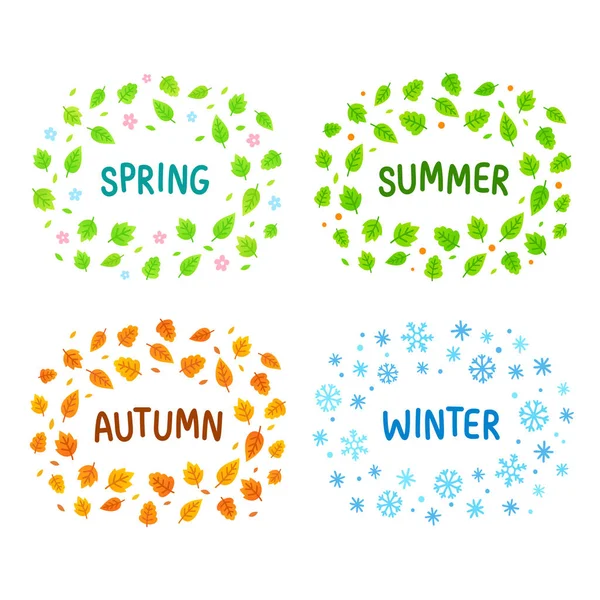 Seasons Banners Set Text Frame Seasonal Leaves Snowflakes Simple Cartoon — Stock Vector
