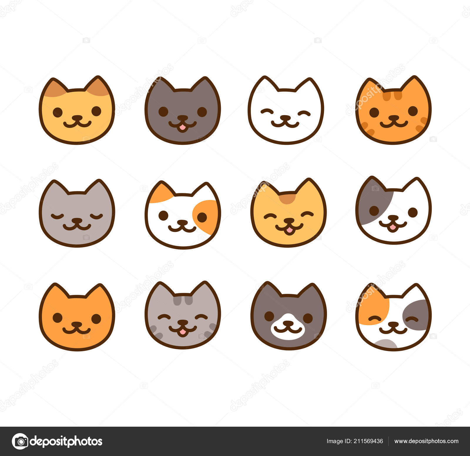 set of cute cats on white background, line style icon vector
