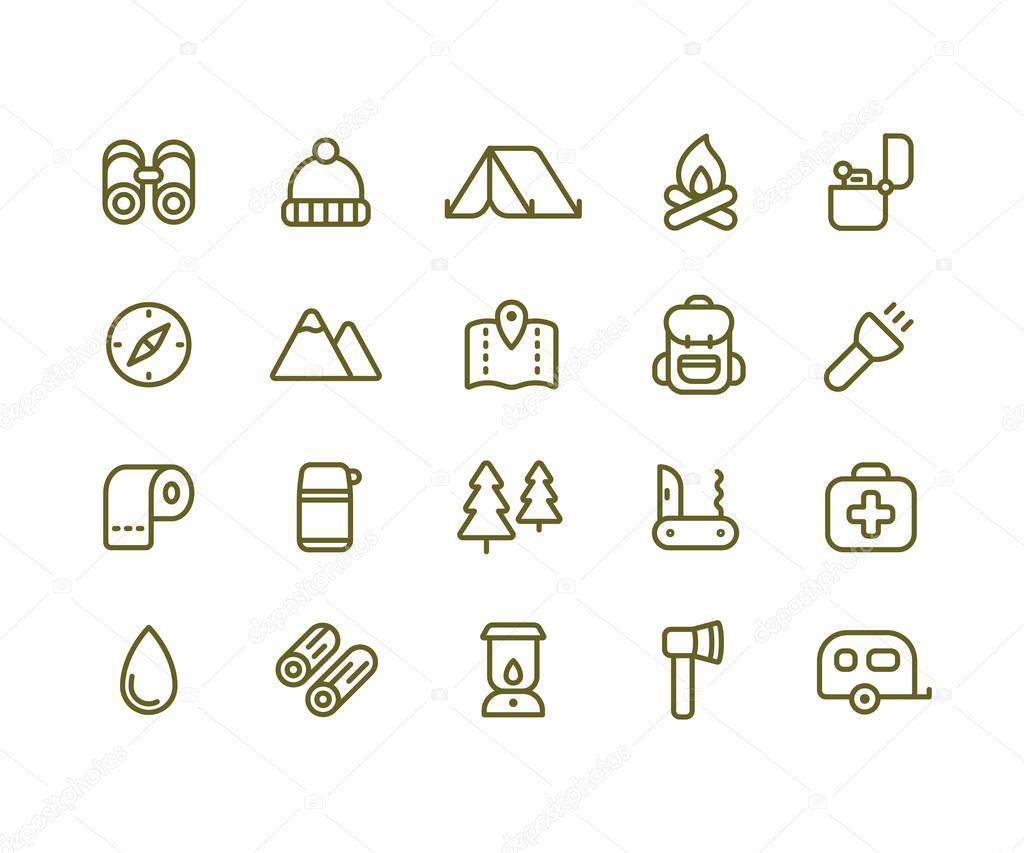 Camping icon set. Simple vector line icons of hiking, backpacking and the outdoors.