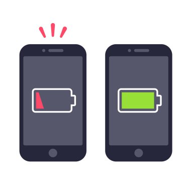 İki akıllı pil düzeyi simgeler, düşük enerji ve tam şarj ile. Basit çizgi film vektör çizim.