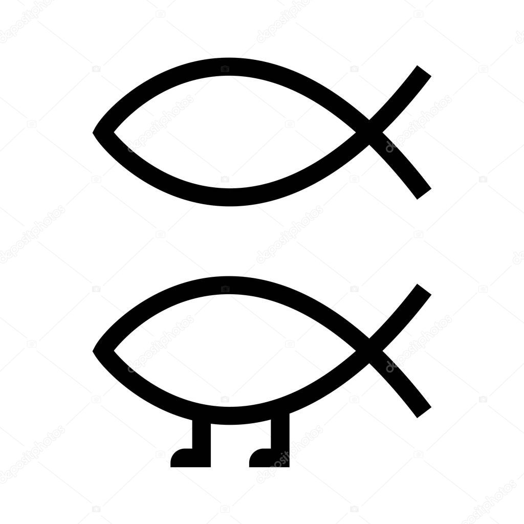 Ichthys, Christian fish sign, and Darwin fish symbol with legs symbolizing evolution and science. Classic car bumper sticker, vector illustration set.