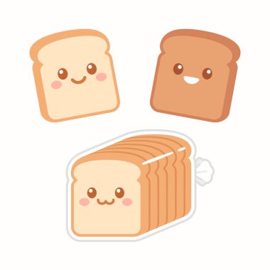 Sevimli çizgi dilim ekmek kawaii yüzü olan. Beyaz ve kahverengi çavdar tost. Basit düz vektör tarzı çizim.