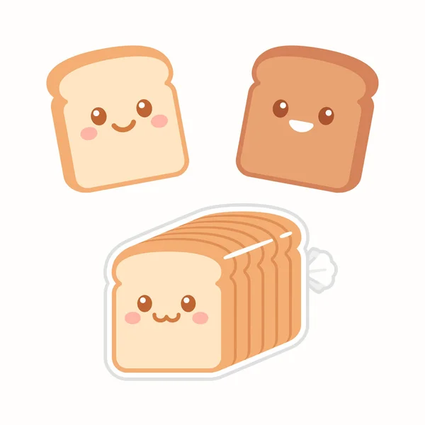 Roztomilý Kreslený Plátky Chleba Kawaii Tváře Bílý Hnědý Žitný Toast — Stockový vektor