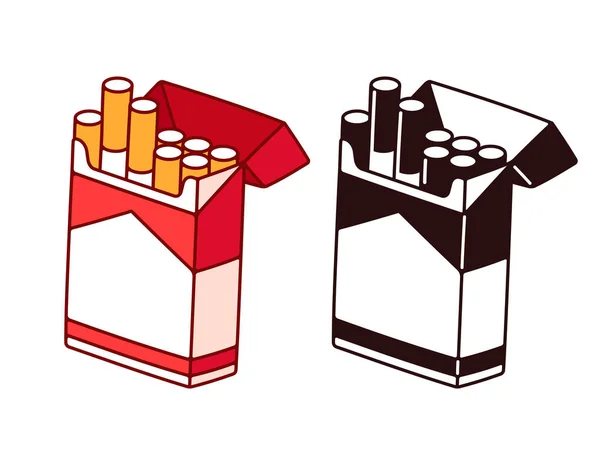Nyitott Cigaretta Pack Rajzfilm Színes Fekete Fehér Rajz Dohányzás Szokása — Stock Vector