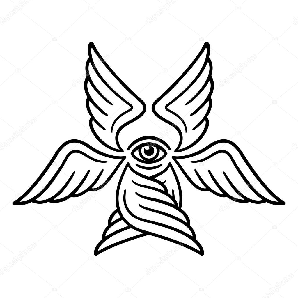 Seraphim, six-winged angel from Bible Book of Revelation. Stylized Seraph illustration for tattoo design, black and white line art.