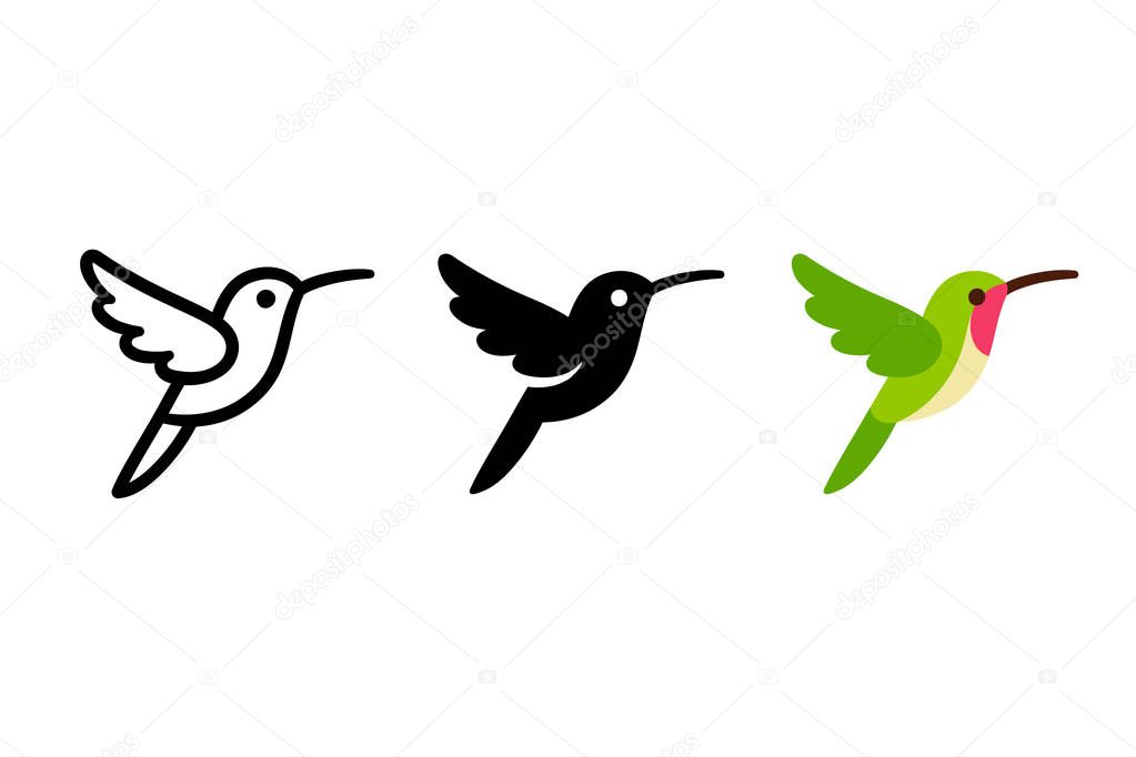 Stylized hummingbird icon or logo in different styles: line art, solid black and color. Isolated colibri symbol vector illustration.