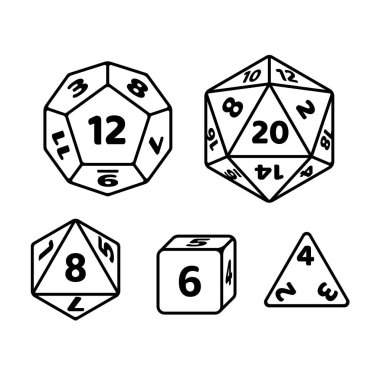 Polihedron zar fantezi Rpg masa oyunları için ayarlayın. D20, d12, d8 ve küp sayıları iki ile. Siyah ve beyaz vektör simgeler.