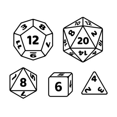 Set of polyhedron dice for fantasy RPG tabletop games. d20, d12, d8 and cube with numbers on sides. Black and white vector icons. clipart