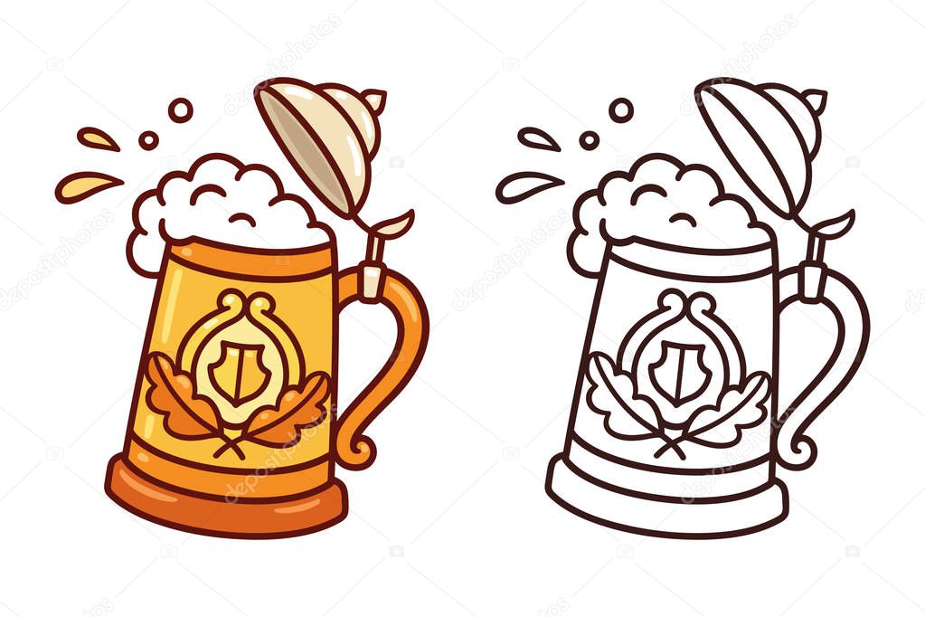 Traditional Oktoberfest stein, beer mug, with splashes of foam and beer. Cartoon doodle style vector clip art illustration.