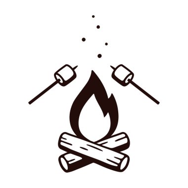 Black and white drawing of bonfire and marshmallows on stick. Simple retro style camping illustration, isolated vector clip art. clipart