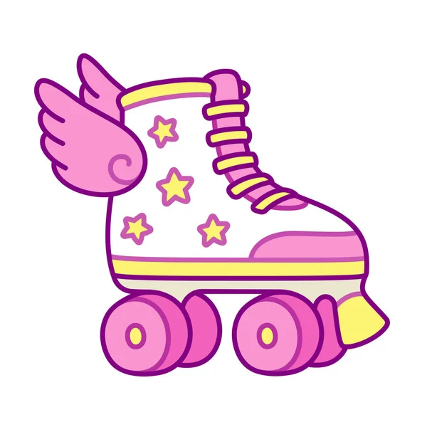 可爱的粉红色少女滚冰鞋与星星和翅膀 复古四辊动画片向量例证 — 图库矢量图片