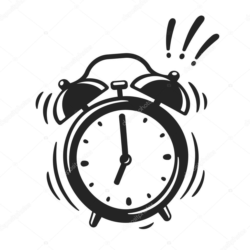 Hand drawn alarm clock ringing, black and white icon or logo. Retro style cartoon clock illustration, vector clip art drawing.