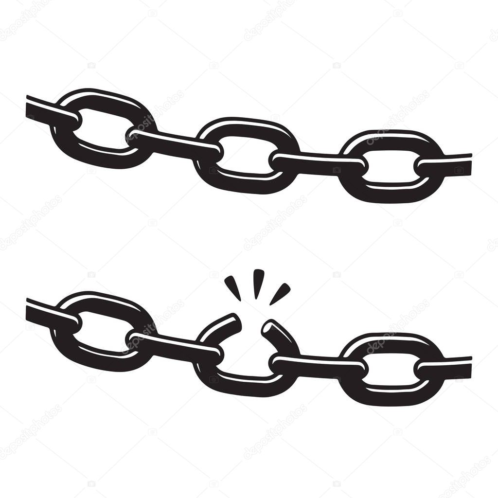 Whole and broken chain illustration, weak link concept. Security and failure vector clip art.