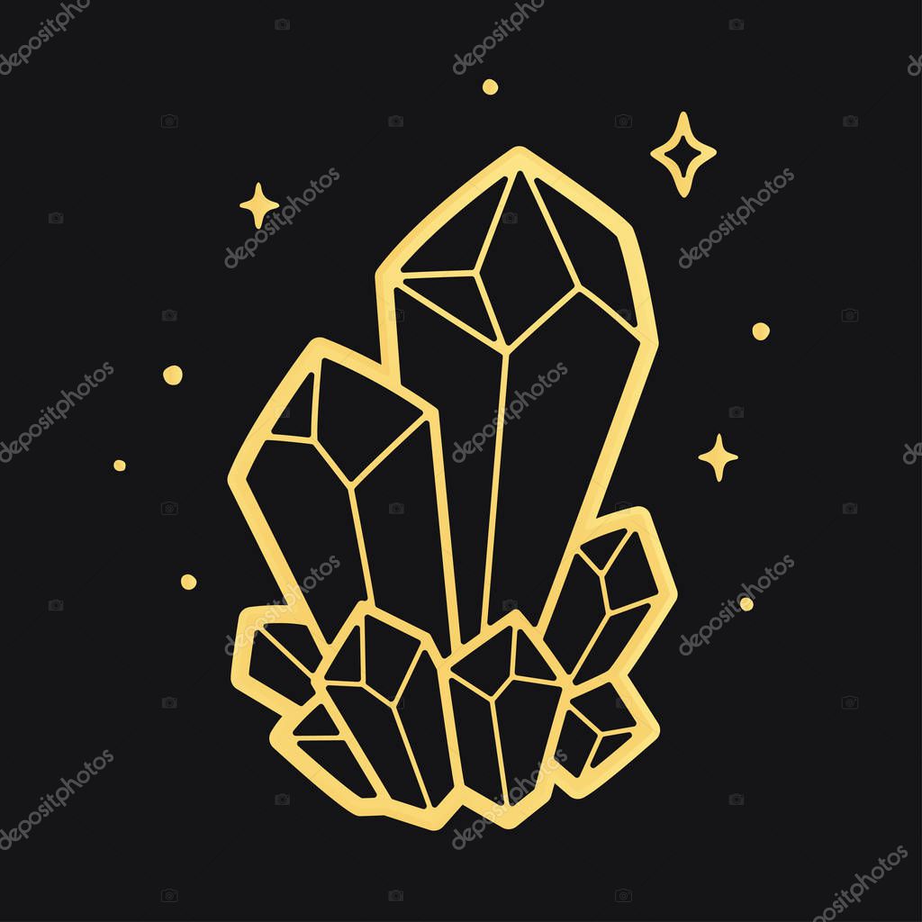 Stylish golden crystal illustration on black background. Mystical sparkling crystals for magic or healing.