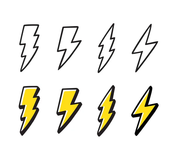 Cartoon Lightning Doodle Set Handritad Thunder Bultar Och Svart Linje — Stock vektor