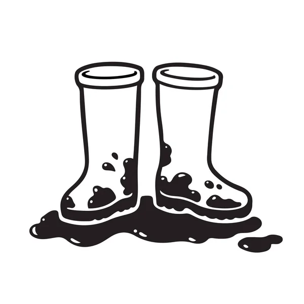 Black White Drawing Dirty Muddy Rubber Boots Rain Cartoon Vector — Stock Vector