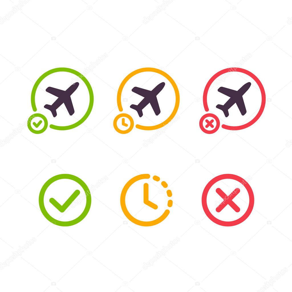 Airport airplane icons. Flight on time, delayed and cancelled. Isolated illustration set.