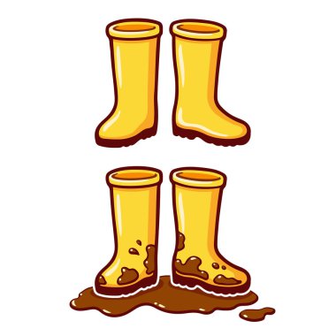 Cartoon yellow rubber rain boots, clean and dirty with mud puddle. Vector cip art illustration. clipart