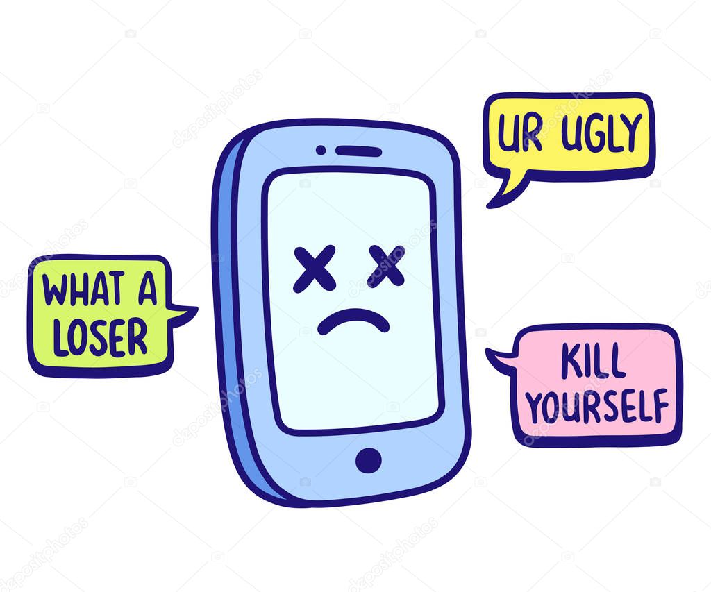 Cyber bullying concept vector illustration. Smartphone with hate messages through social media.