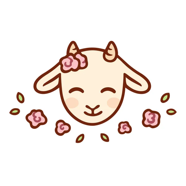 Linda Caricatura Cara Cabra Bebé Con Flores Kawaii Animal Granja — Vector de stock