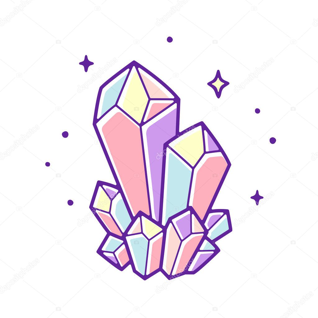 Beautiful pastel crystals drawing. Hand drawn vector illustration of natural crystal gem.