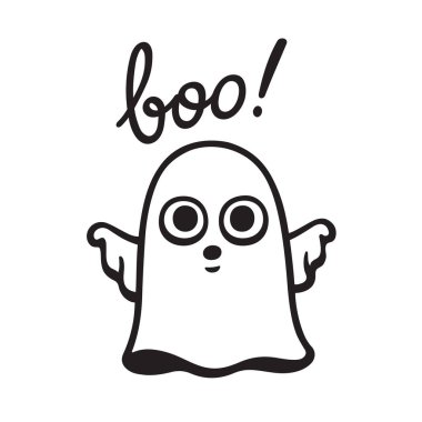 Komik karikatür el çekilmiş hayalet doodle Boo söyleyerek! Şirin Halloween vektör çizim.