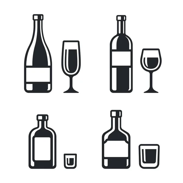 Alcohol Drinkt Fles Glas Pictogrammen Wijn Champagne Whisky Likeur Eenvoudig — Stockvector