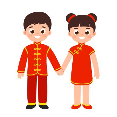 Sevimli erkek ve kız Çin'in ulusal kostüm. Kırmızı Çin yeni yılı giyim çocuk çizgi film. Vektör klip sanat çizim.