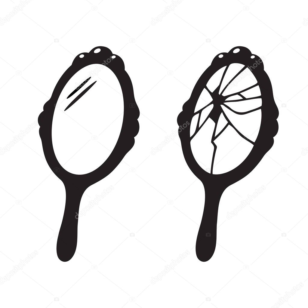 Broken hand mirror drawing, bad luck superstition vector illustration.