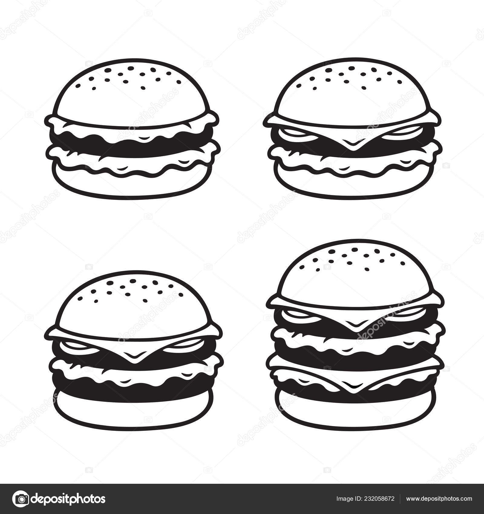 Hand Drawn Burger Sketch Set Simple Double Triple Cheeseburger Black