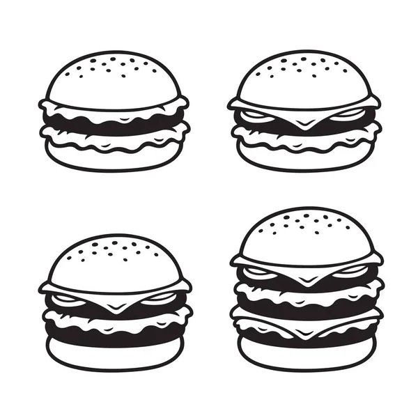 Conjunto Esboços Hambúrguer Desenhado Mão Cheeseburger Simples Duplo Triplo Ilustração — Vetor de Stock