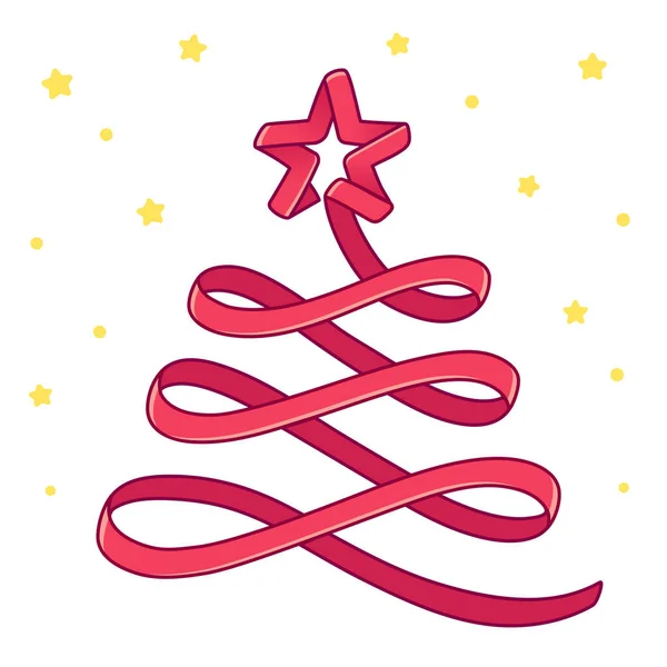Merry Christmas Karty Okolicznościowe Kreskówka Czerwoną Wstążką Choinki Rysunek Złote — Wektor stockowy