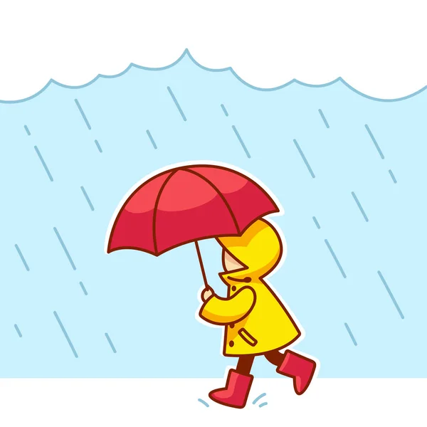 Little Kid Raincoat Rain Boots Umbrella Running Rain Cute Cartoon — Stock Vector