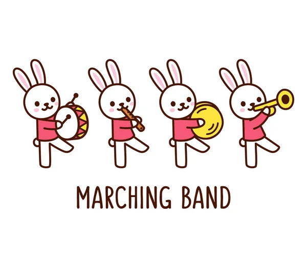 Marchando Banda Coelhinhos Bonitos Dos Desenhos Animados Tocando Instrumentos Musicais — Vetor de Stock