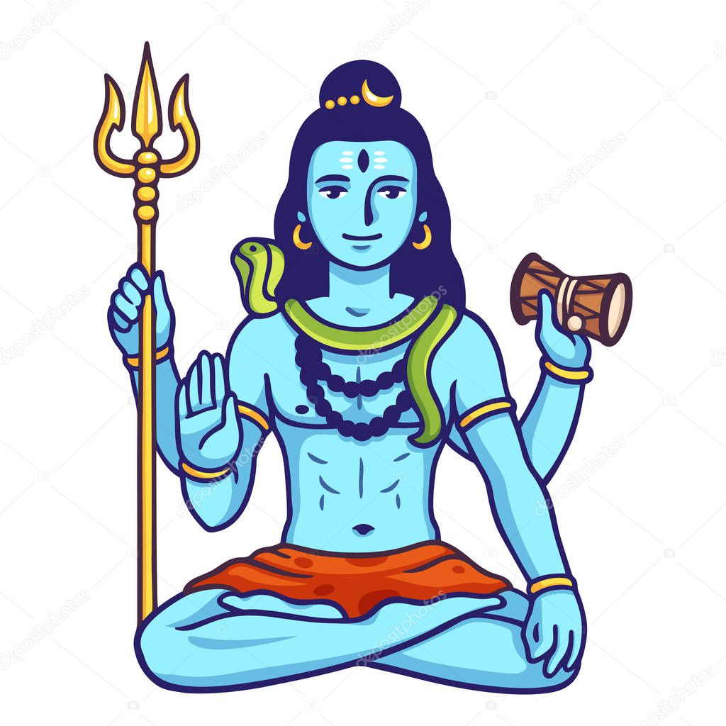 Lord Shiva sitting in lotus pose with traditional snake, trident and drum. Happy Maha Shivaratri vector illustration.