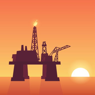 Petrol çıkarma platformu günbatımı üzerinde. Offshore platform siluet okyanus gökyüzü arka plan üzerinde sondaj. Vektör çizim.