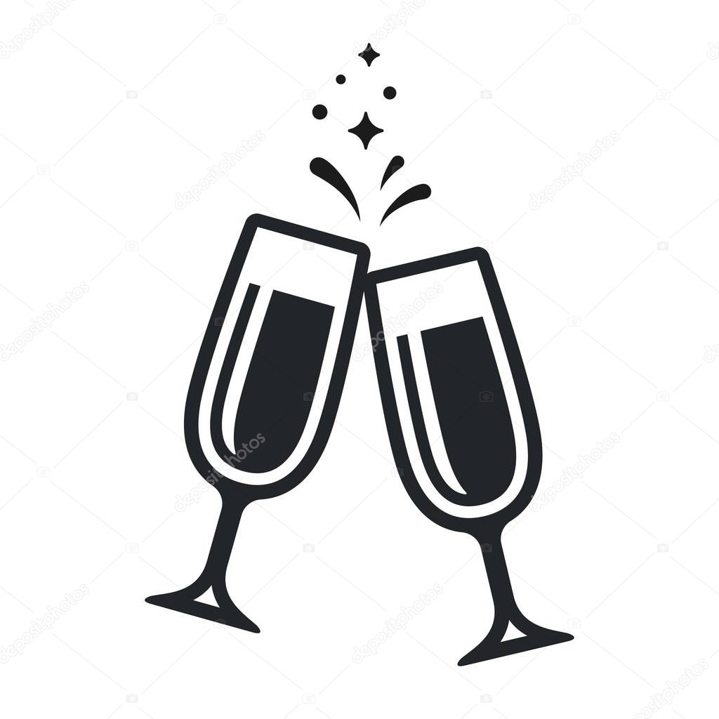 Cheers, celebration toast symbol. Two glasses of champagne in simple black and white icon style. Isolated vector illustration.