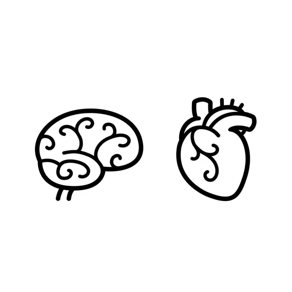 Мозок Серце Іконки Стилю Каракулів Намальовані Вручну Логіка Емоції Ізольовані — стоковий вектор