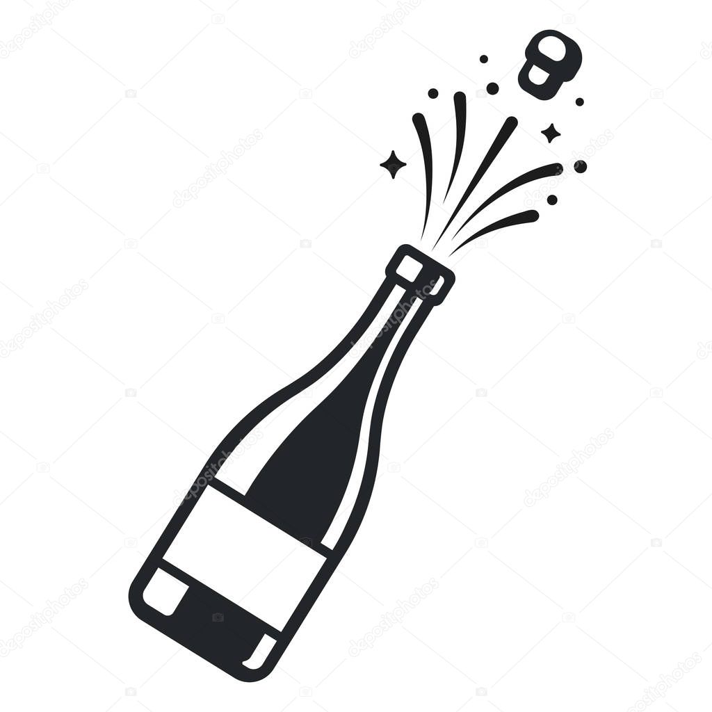 Champagne bottle pop open with cork and sparkles. Elegant black and white logo or icon vector illustration.