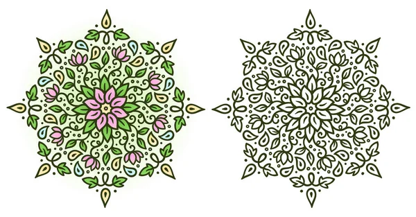 Adorno Mandala Floral Color Vesrión Blanco Negro Ilustración Vectorial Aislada — Archivo Imágenes Vectoriales
