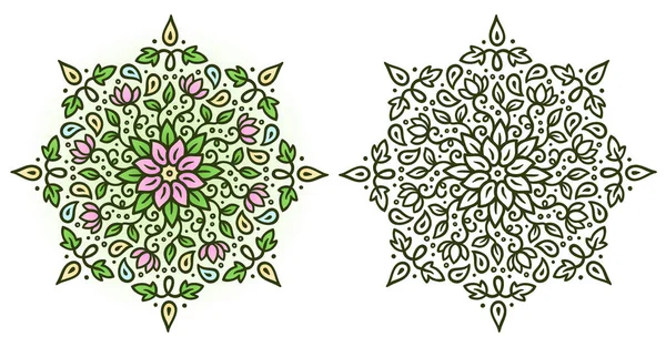 Florales Mandala Ornament Farbe Und Schwarz Weißes Vesrion Isolierte Vektorillustration — Stockvektor