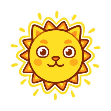Güneş kedi yüz, komik çizim karikatür. Pisi yüz parlayan güneş ışınları ile sevimli vektör çizim.