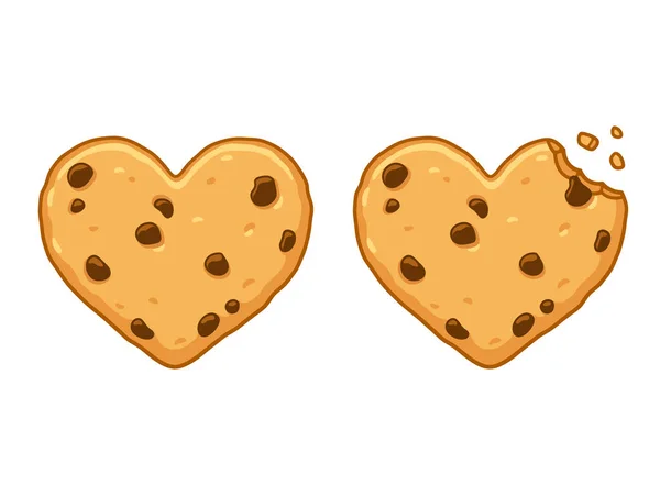 Szív Alakú Csokoládé Chip Cookie Morzsákat Harap Aranyos Rajzfilm Stílusú — Stock Vector