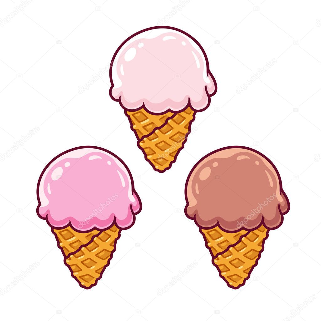 Cartoon ice cream in waffle cone set. Vanilla, strawberry and chocolate. Cute and simple drawing, isolated vector illustration.