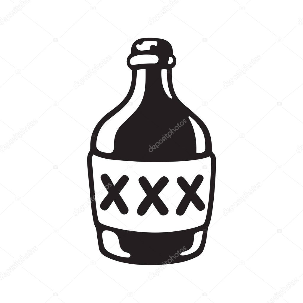 Cartoon bootle of moonshine with XXX label. Black and white drawing of alcohol bottle. Vector illustration.