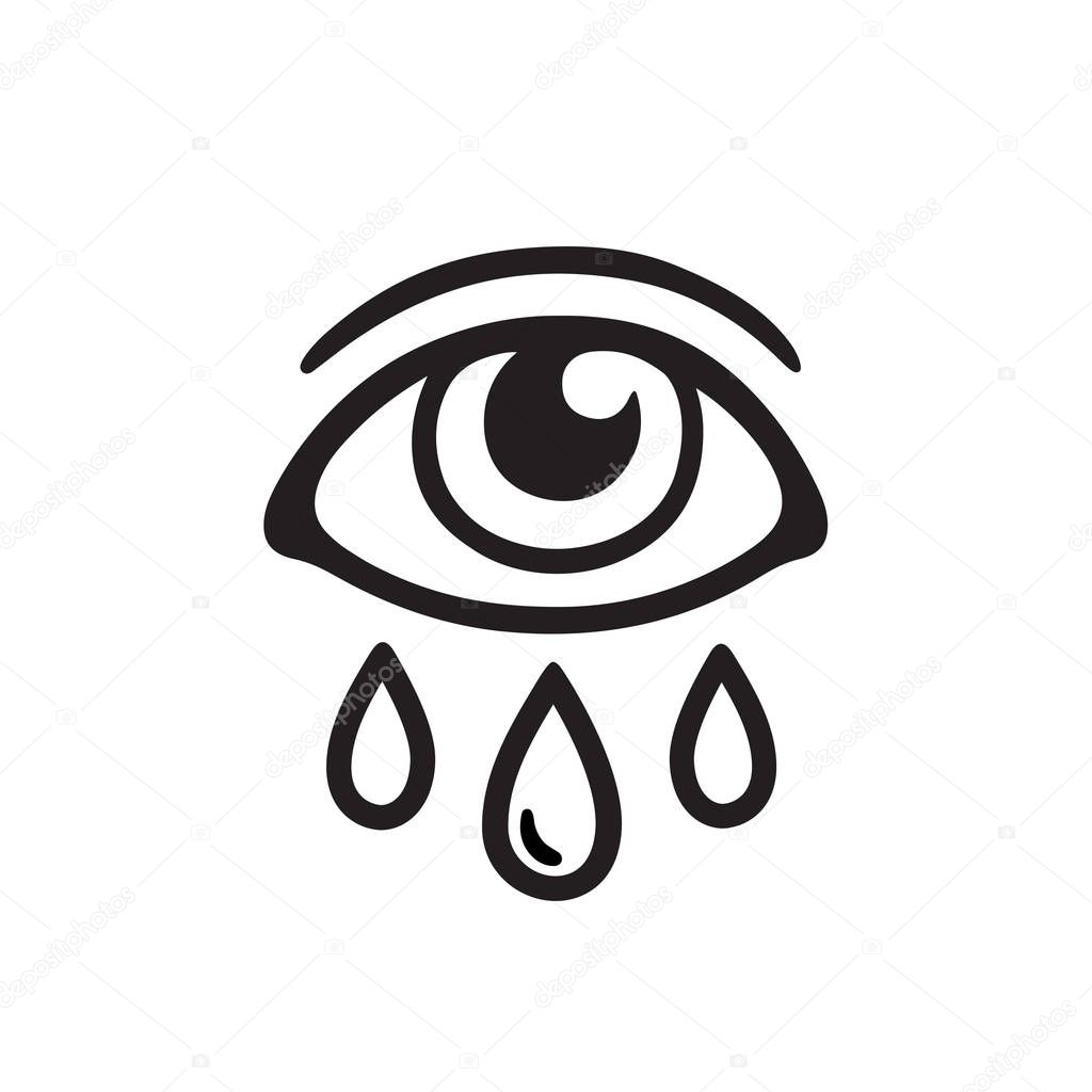 Eye with three tears, black and white drawing. Crying human eye and teardrop tattoo design. Isolated vector illustration.