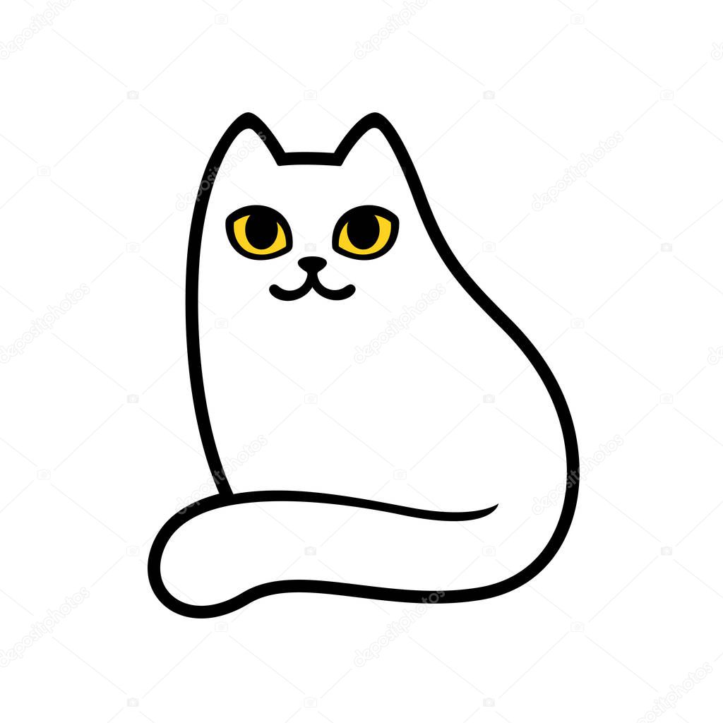 Cartoon white cat drawing with yellow eyes. Simple and minimal sitting cat doodle, cute vector illustration.