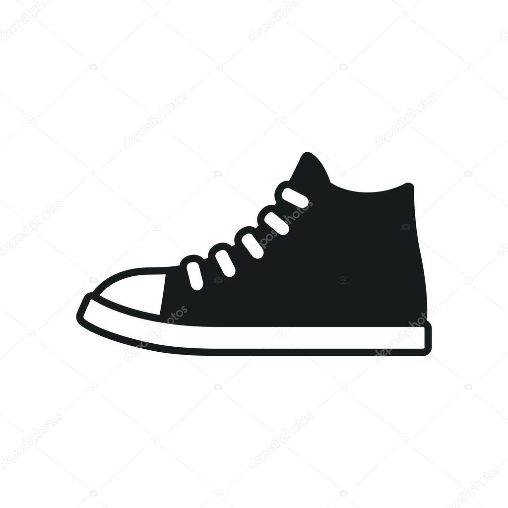 Classic black and white sneaker icon or logo. Simple symbol of canvas sports shoe. Isolated vector clip art illustration.