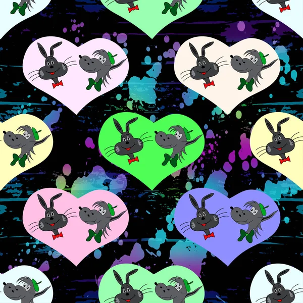 Heart Hare Wolf Black Background Seamless Pattern Illustration — Stock Photo, Image