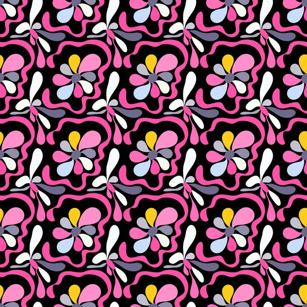 Pink Abstract Flowers Black Background Seamless Pattern — Stock Photo, Image